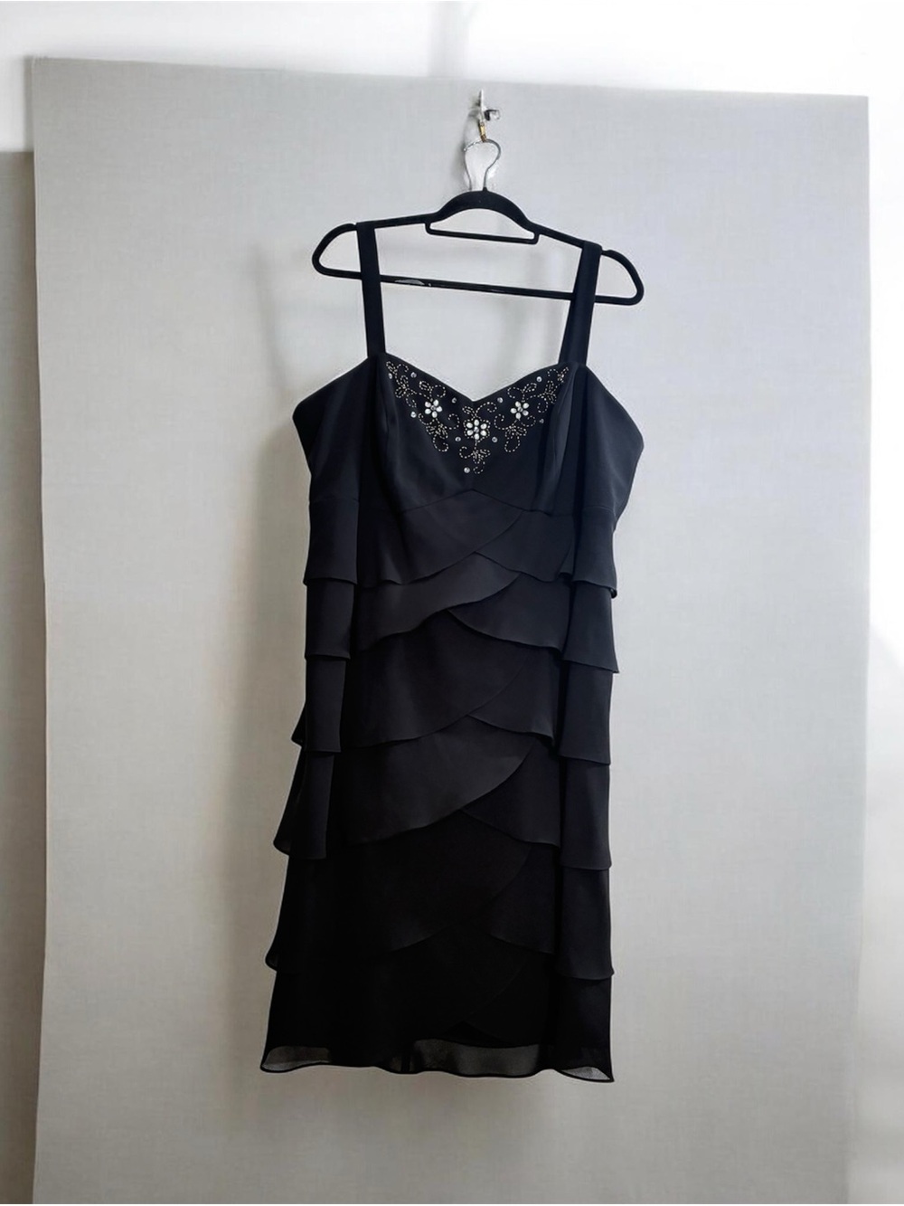 S.L. Fashions Black Tiered Chiffon Dress with Embellished Bodice